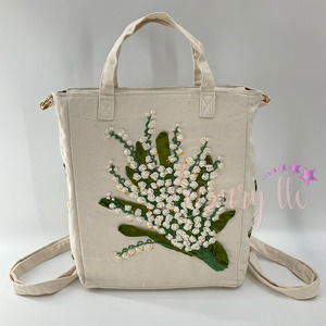 Lily Of The Valey Embroidery Convertible Backpack Tote Crossbody Bag, White